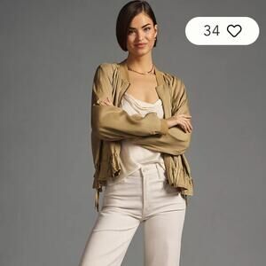 by Anthropologie Ruffled Bomber Jacket Large Beige Relaxed Slouchy Office Fall